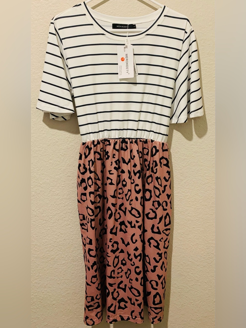 Merokeety Pink Leopard Print & Stripe Dress
